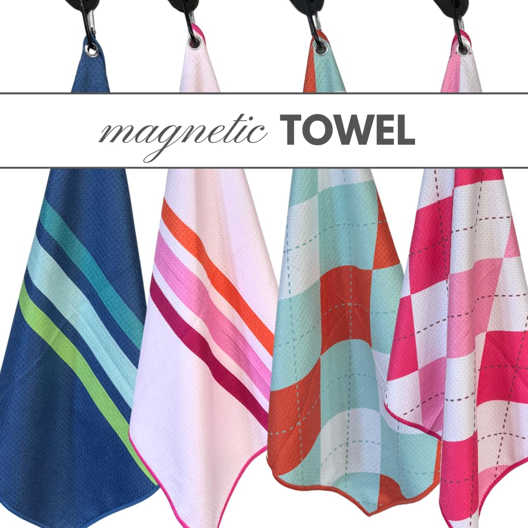 Obirdie Magnetic Golf Towel | 18"x18" Waffle Microfiber | Women's Golf Accessory | Detachable Clip | Quick-Dry, Ultra-Absorbent | Blue Orange Argyle