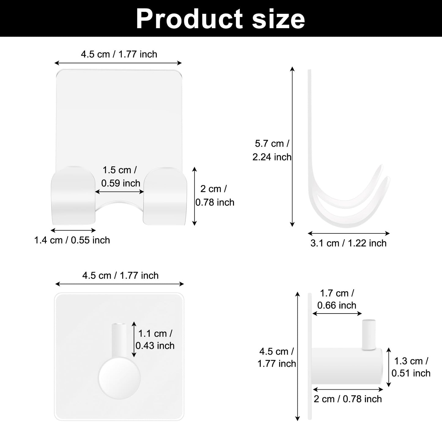 CGBE 4 Pack Shower Hooks - Self Adhesive Shaver Holder Hanger for Bathroom, Damage Free Wall Hooks for Razor, Loofah Sponge - White