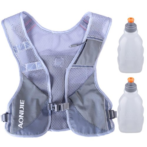 AONIJIE Ultralight Running Vest with Reflective Strip Breathable Hydration Backpack for Hiking Camping Marathon Cycling Race (Gray with 2*250ml Water Bottle)