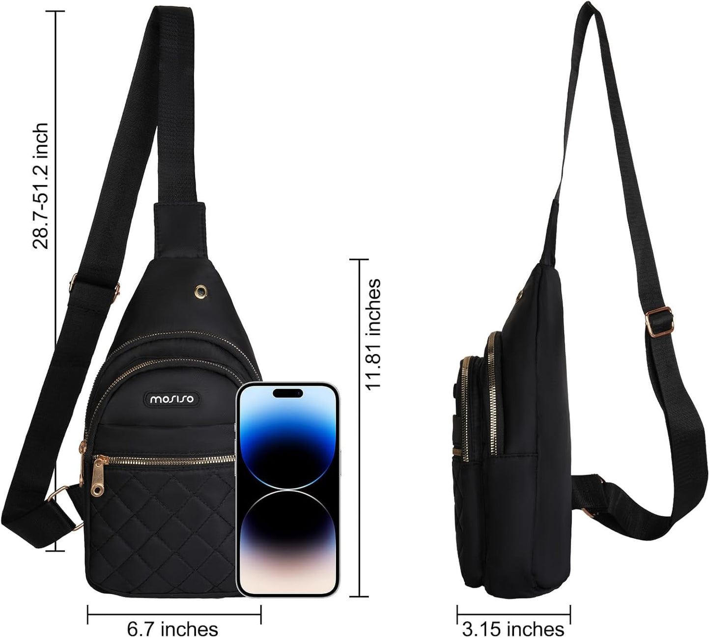MOSISO Small Sling Backpack - Lightweight Rhombus Quilted Crossbody Bag for Hiking | Black