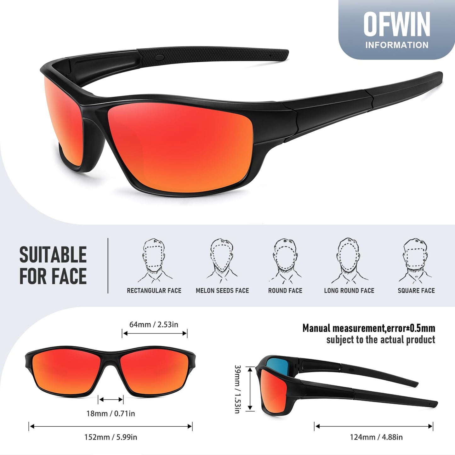 Ofwin Polarized Sports Sunglasses for Men Women Driving Cycling Fishing Wrap Around Sun Glasses UV400 Protection Matte Black Frame/Red Mirror Lens