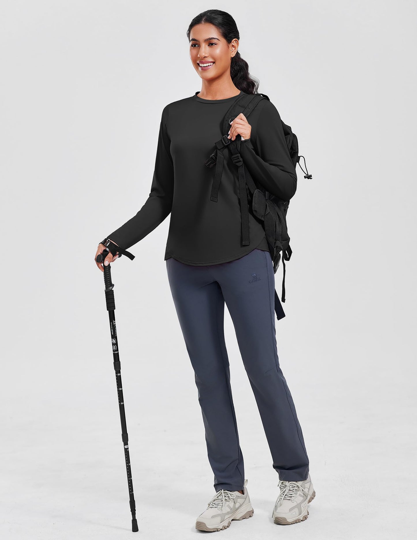 PINSPARK SPF Shirts for Women Long Sleeve Lightweight Hiking Top with Thumbholes Quick Dry Vocation Travel Shirt, Black Large