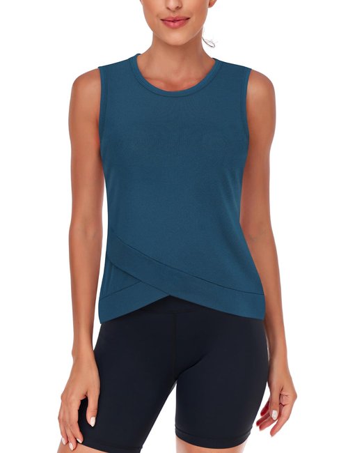 LURANEE Women's Workout Athletic Tank Tops Quick Dry Sun Protection Yoga Gym Crop Sleeveless Shirts Dark Blue