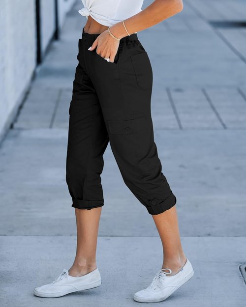 GRAPENT Cargo Capri Pants - High Waisted Relaxed Fit Casual Cropped Trousers for Women