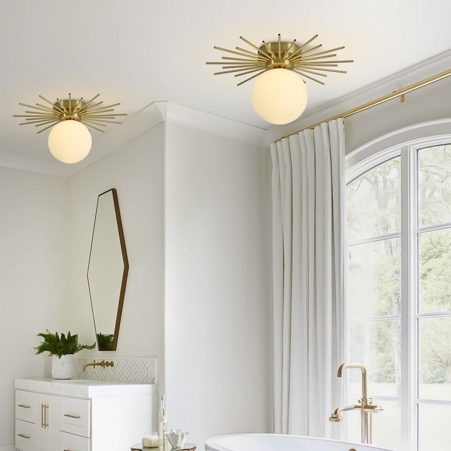 BOKT Modern Gold Semi Flush Mount Ceiling Light Mid Century White Glass Globe Ceiling Light Industrial Close to Ceiling Light Vintage Golden Ceiling Lamps Brushed Brass Hallway Light Fixtures