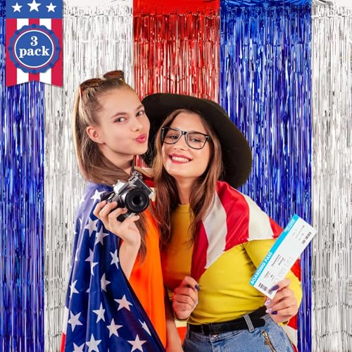 LOLStar 3 Pack 4th of July Red White Blue Foil Fringe Curtains - Patriotic Party Decorations