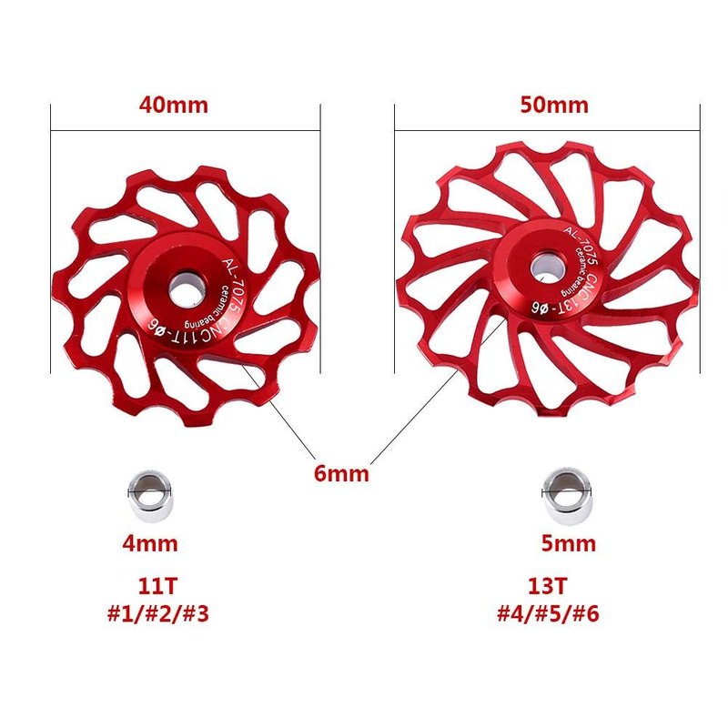 ASHATA Derailleur Pulley 11T Wheels Wheel Ceramic Pulley Aluminium Alloy Roller Accessory Support 7/8/9/10 Speed for (Red,11T)