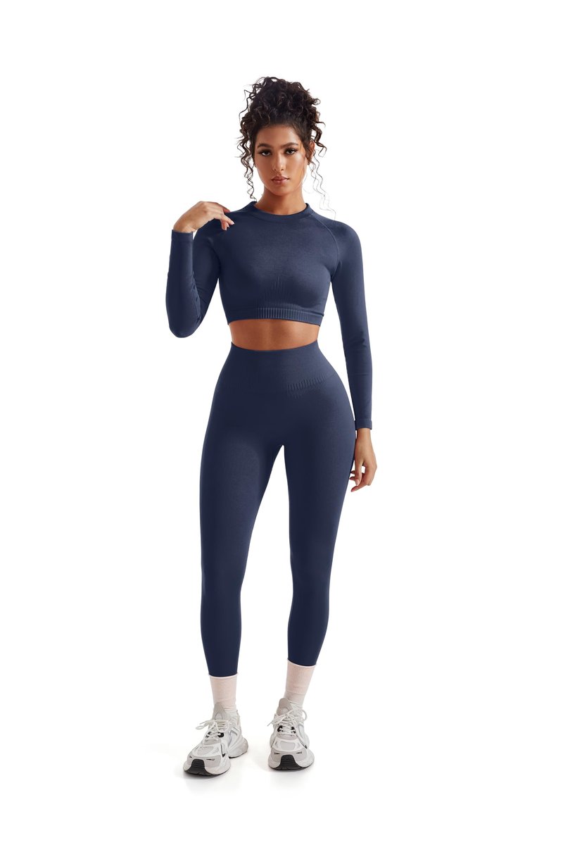 SUUKSESS Women 2 Piece Workout Sets Hidden Scrunch Hip Lifting Seamless Leggings Long Sleeve Yoga Crop Tops High Waisted Yoga Pants Tracksuits (Navy Blue, M)