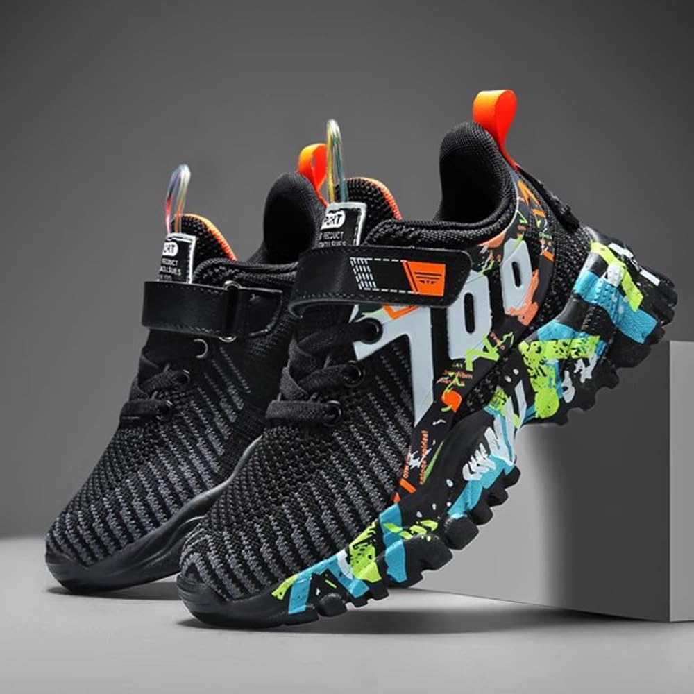 ASEKIHA Kids Shoes for Boys Girls Sneakers Sports Knitted Mesh Running Athletic Walking Gym Sports Lightweight Breathable Toddler Little Kid Big Kid Black