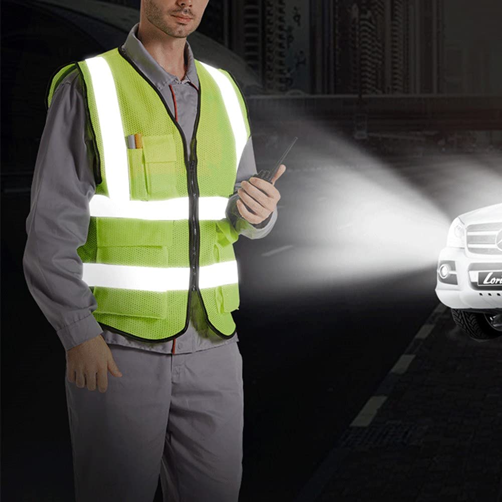 XIAKE Reflective Safety Vest for Men & Women Mesh High Visibility Vest with Pockets Meets ANSI Standards(Large,Yellow)