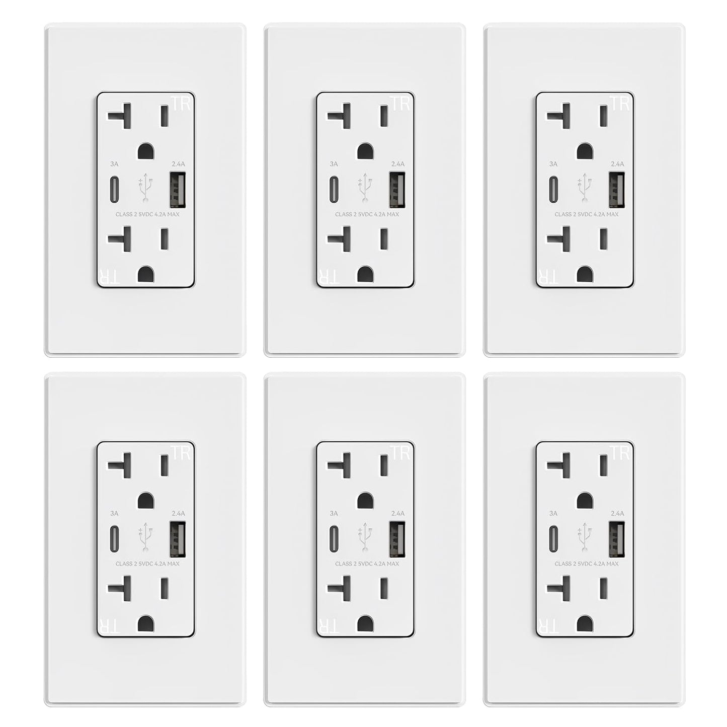 USB Wall Charger Outlet with A & C Ports - 15A Tamper Resistant, UL Listed, 6 Pack, Light Almond
