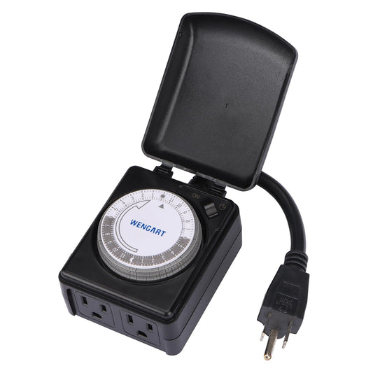 Wengart Heavy Duty Mechanical Timer,Two Grounded Outlets,AC125V 15Amp,1875W,24 Hour with 15 Minutes Intervals Outdoor Timer Outlet Waterproof,Work for Garden,Patio and Outdoor Equipment,ETL Listed