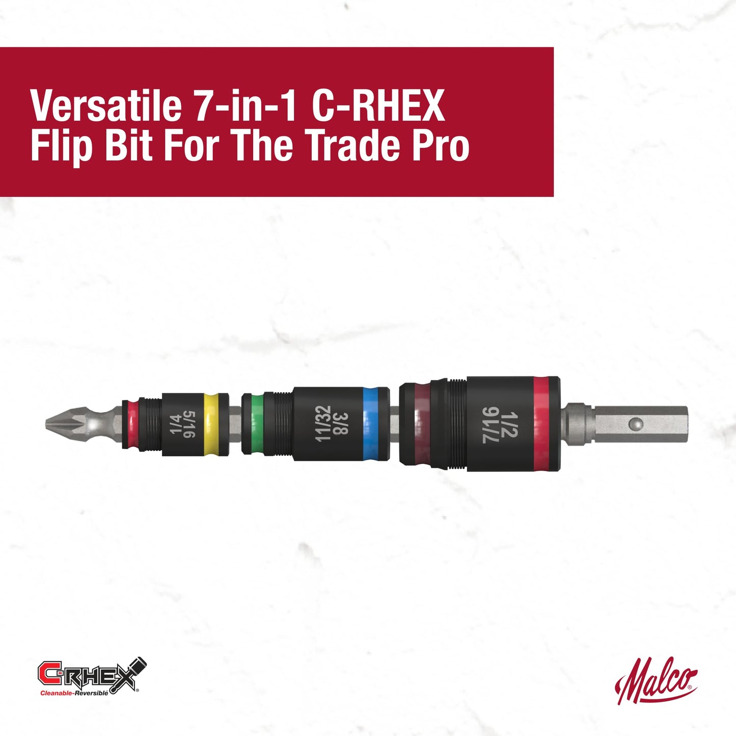 Malco 7-in-1 C-RHEX Flip Bit Socket Set with 3 cleanable, reversible, and stackable, color-coded sockets featuring an ultra-powerful magnet and a #2 Phillips integrated driver head. Impact Rated.