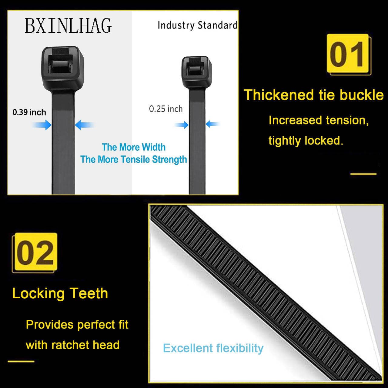 48 Inch Extra Long Heavy Duty Cable Ties, 12-Piece UV Resistant Black Nylon Zip Ties, 200 LB Tensile Strength