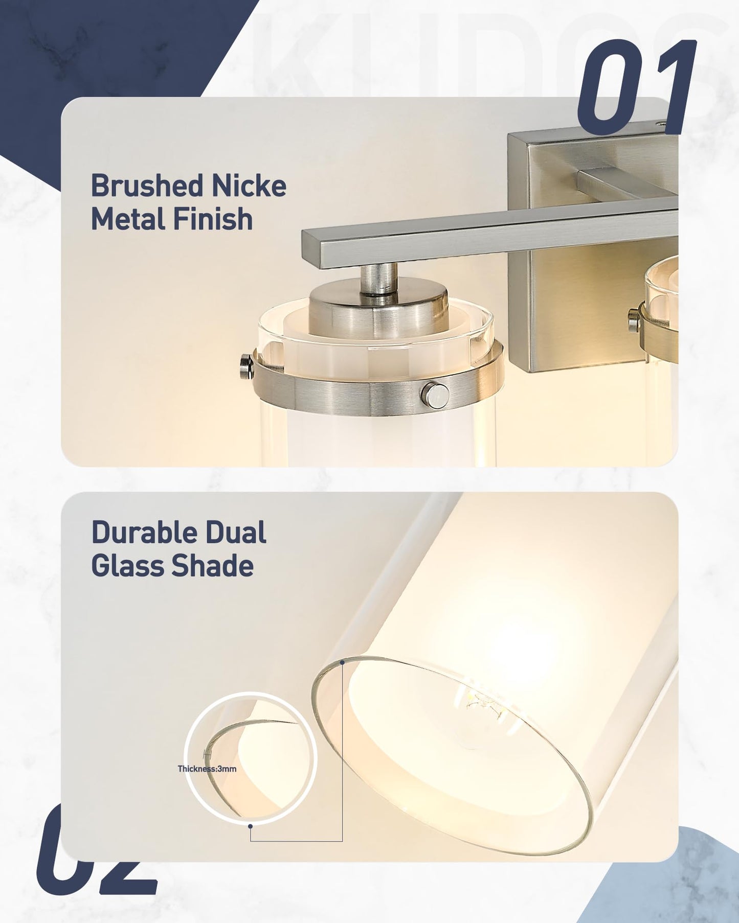 kudos 3-Light 18-inch Bathroom Light Fixtures Over Mirror, Brushed Nickel Vanity Lights with Dual Glass Shade, Wall Sconce, Modern Vanity Lights for Bathroom, Hallway, KDVL15-BN-3