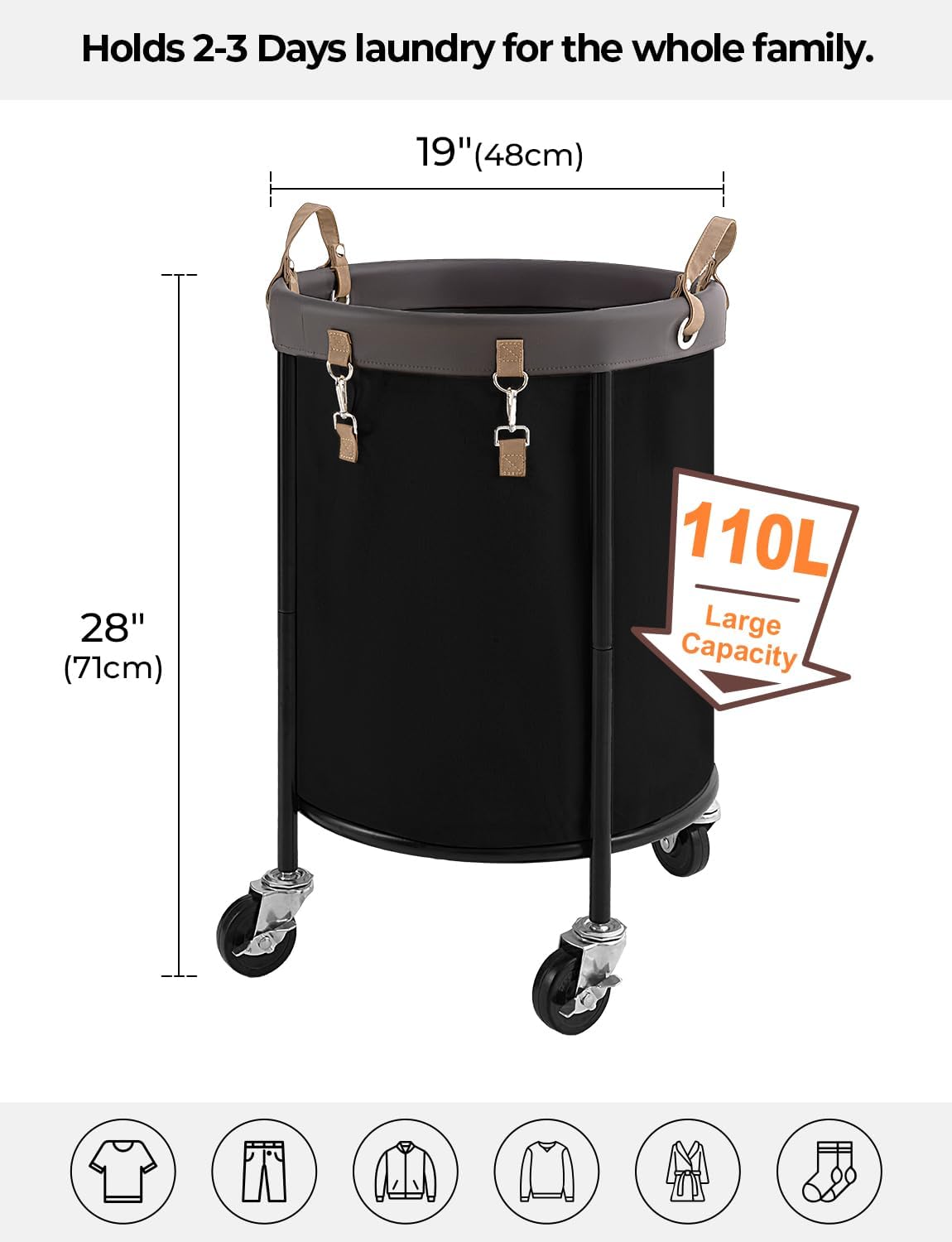 StorageWorks Rolling Laundry Basket - 110L Clothes Hamper with Wheels & Steel Frame - Black