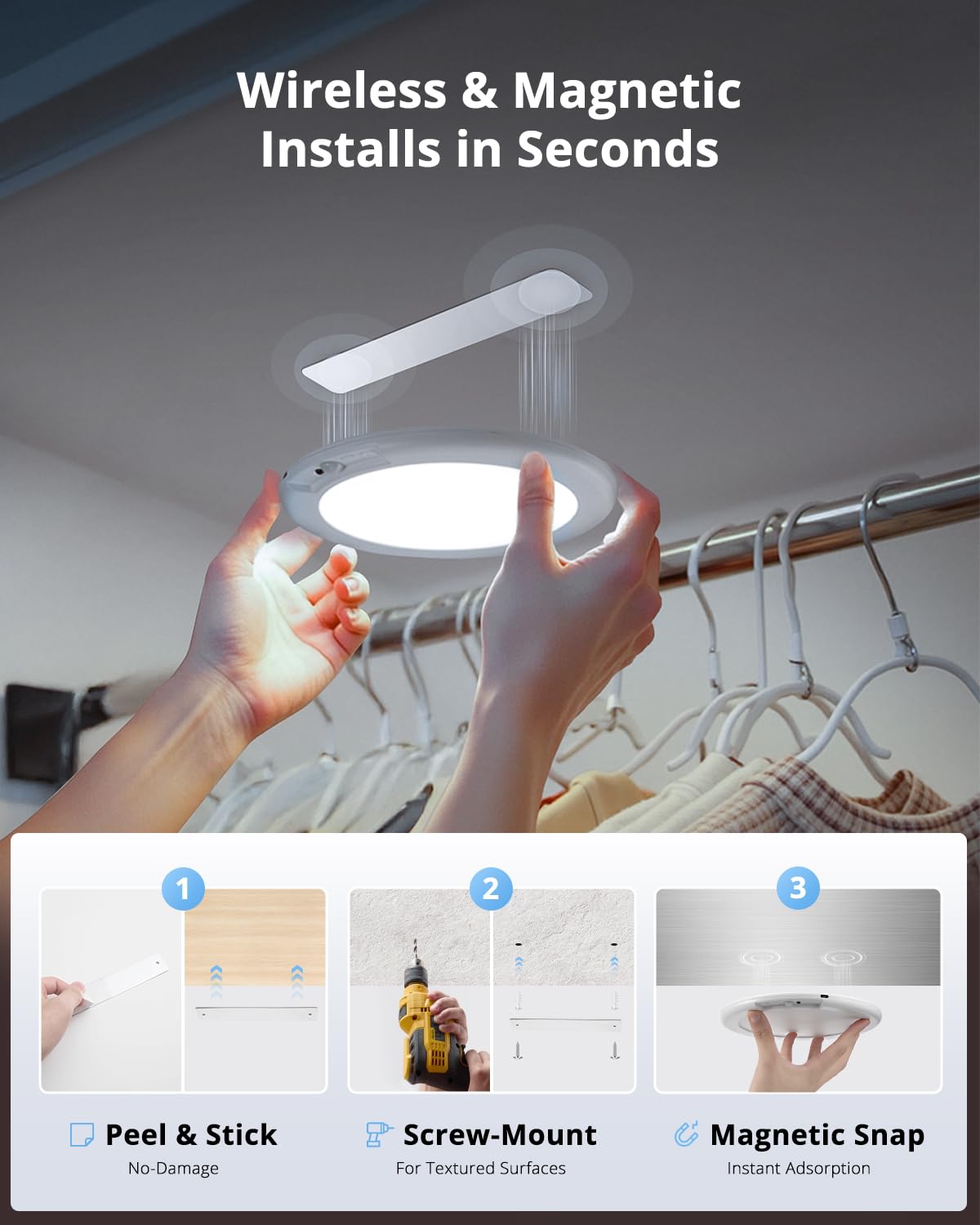 Combuh 4-Pack Battery Powered Motion Sensor Light, 7.48" IP44 Waterproof Shower Lamp Without Wiring, Ultra Thin 3 Colors Adhesive Overhead Lightting for Garage, Bedroom, Kitchen, Portable