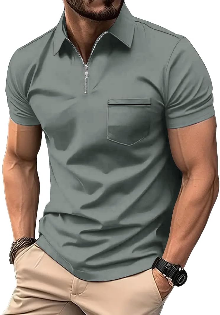 ZITY Men's Polo Shirt - Lightweight Casual Quarter Zip Golf Shirt with Pocket | Classic Short Sleeve