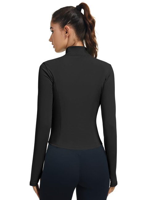 LOMON Cropped Jacket Women Black Zip Up Jacket Active Long Sleeve Tops for Women Running Shirts Gym Golf Compression Black XS