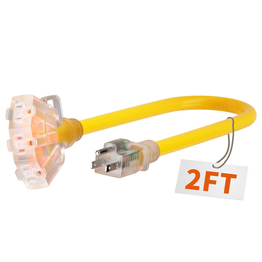 PlugSaf 2 FT 12/3 Gauge Outdoor Extension Cord with Multiple Outlets Light Indicator, Flexible 3 Outlet Heavy Duty Extension Cord Waterproof Yellow, 15A 1875W 12AWG SJTW, ETL Listed