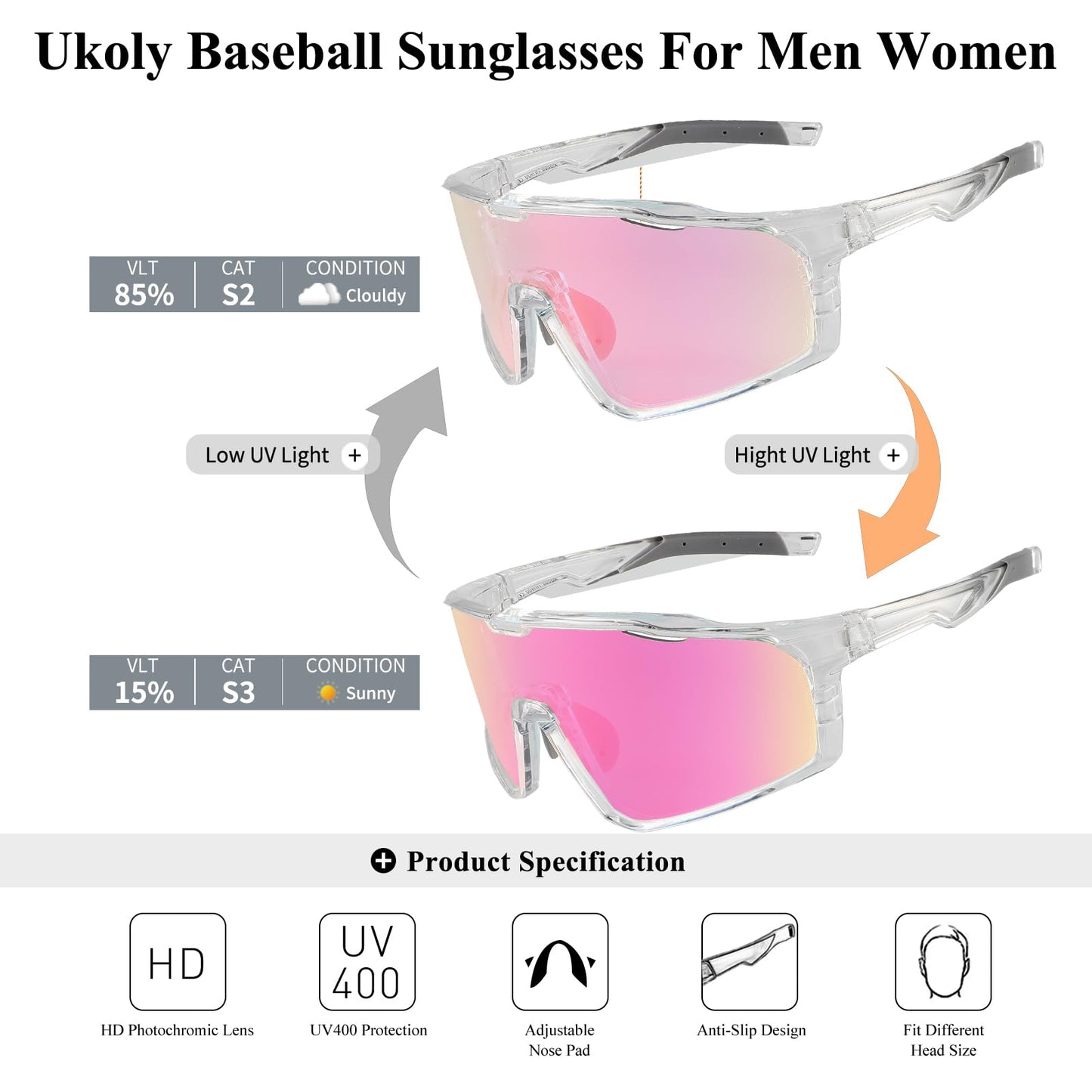 Ukoly Photochromic Cycling Glasses For Men Women, Sports Sunglasses For Baseball Running Cycling HD Lens UV400 Protection 628 (HD Photochromic Pink)