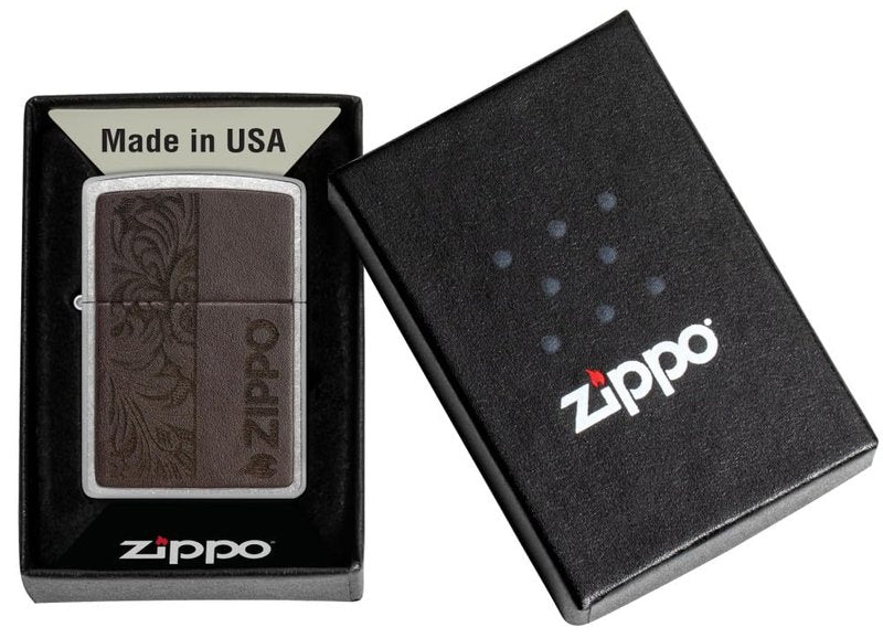 Zippo Brown Leather Emblem Design Street Chrome Pocket Lighter