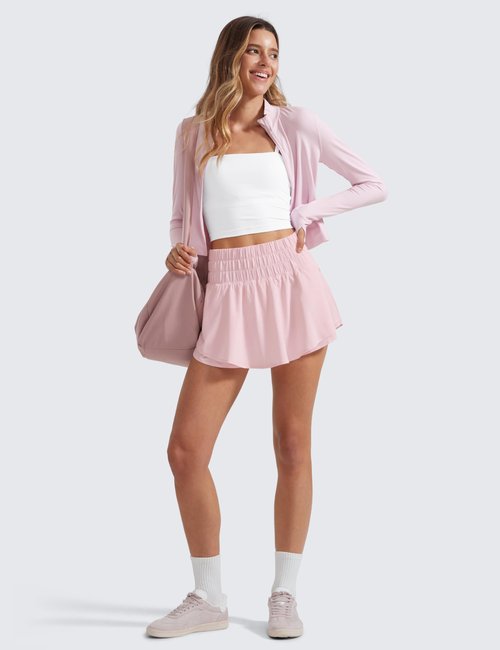 CRZ YOGA Ruffle Skirt Overlay Athletic Shorts for Women - High Waisted Flowy for Workout Running Tennis with Zip Pocket Strawberry Pink Medium