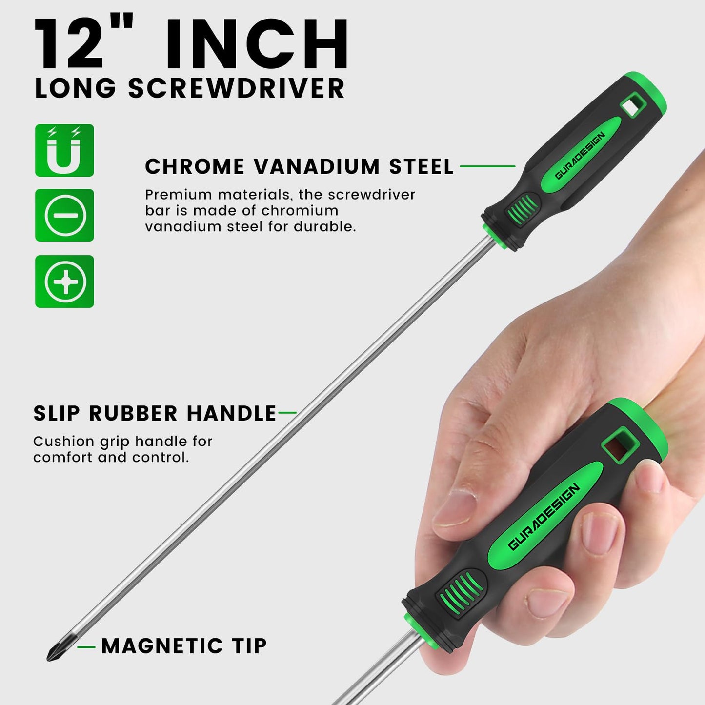 GURADESIGN 4-Piece 12" Long Screwdriver Set Slotted and Phillips, Long & Short Magnetic Screwdriver Set