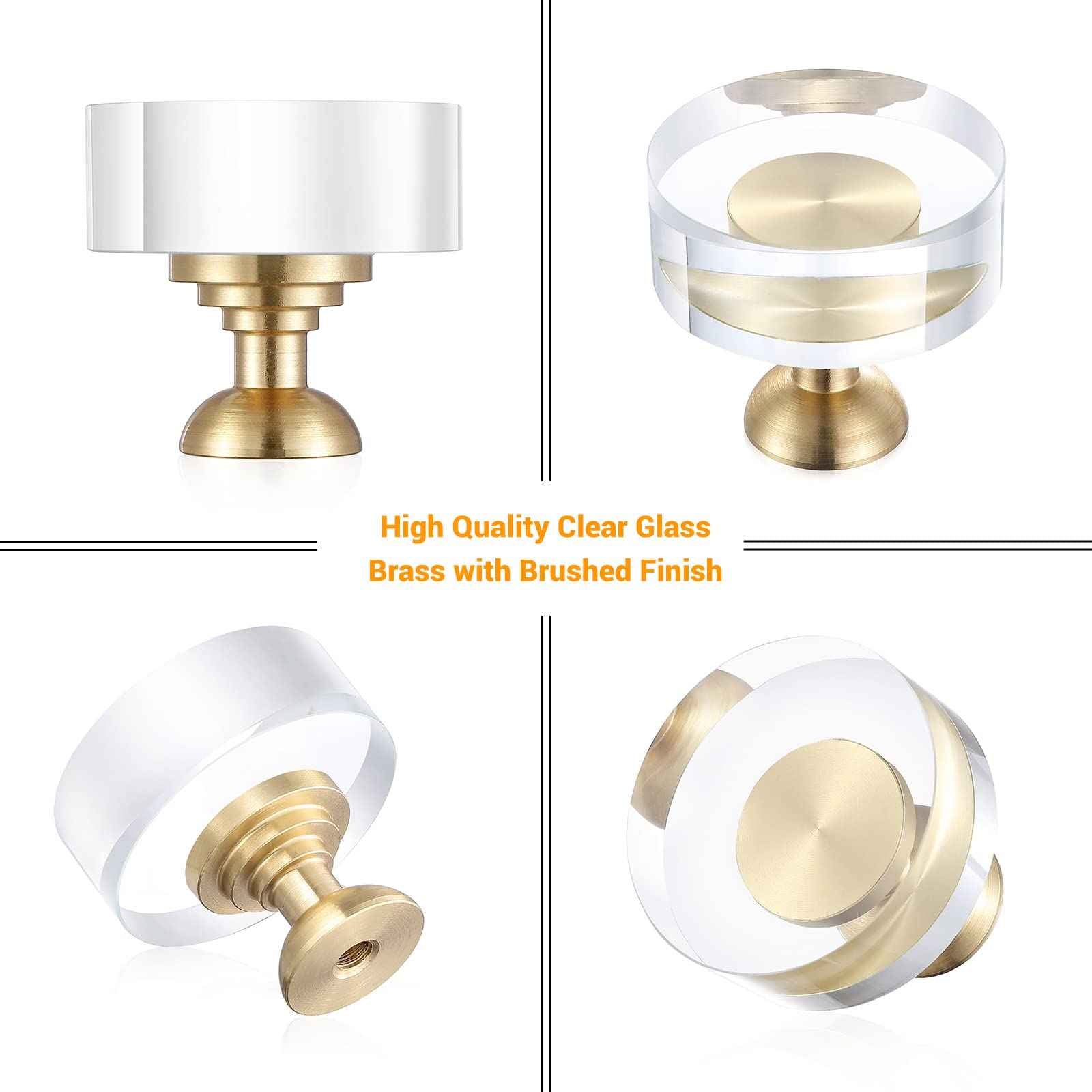 Guank 6-Pack 1-1/4-Inch White Cabinet Glass Crystal Brass knobs Brass Drawer Round Knobs Dresser Pulls, Gold Hardware Kitchen Closet knobs for Bifold Doors