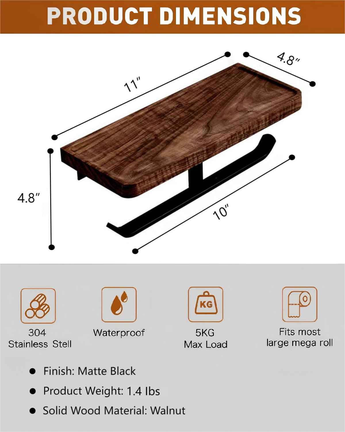 Adhesive Wood Double Toilet Paper Holder with Shelf Storage, Wall Mount Wooden Toilet Paper Roll Holder and Wipes Holder with Phone Shelf, 304 Stainless Steel & Wood, Double Roll Matte Black