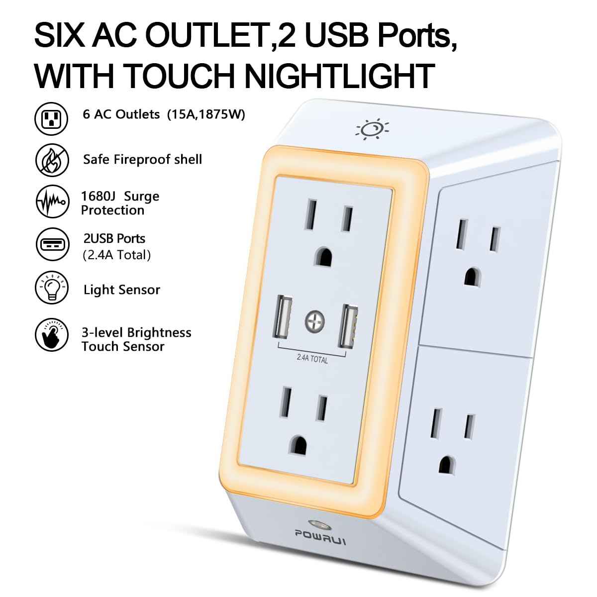 USB Wall Charger, Surge Protector, POWRUI 6-Outlet Extender with 2 USB Charging Ports (2.4A Total) and Night Light, 3-Sided Power Strip with Adapter Spaced Outlets - White，ETL Listed, Grey