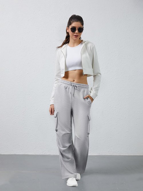 DLOODA Wide Leg Cargo Sweatpants Women Drawstring High Waisted Baggy Sweat Pants Stretchy Cotton Pants with Pockets (Light Grey M)
