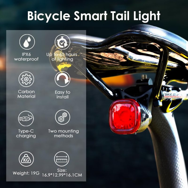 LAOPAO Smart Bike Tail Rear Lights: Small Brake Sensing Bicycle Bright Red Taillights Auto On/Off for Night Ride - USB Rechargeable IPX6 Waterproof Cycling Safety LED Accessories, RS2, Black, RS2-01