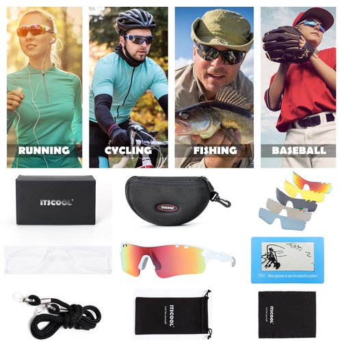 ITSCOOL Polarized Sports Sunglasses with 5 Interchangeable Lenses for Men Women Softball Baseball Running Cycling Glasses White Orange