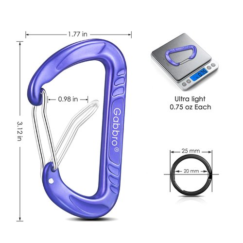 Gabbro Carabiner Clips Heavy Duty 12kN (2697 lbs), | 3.2 Inch, Aluminum, Wiregate Snap, Lightweight, 4 Pack | for Hammock, Hiking, Camping, Water Bottle, Dog Leash Harness, Keychains - Purple