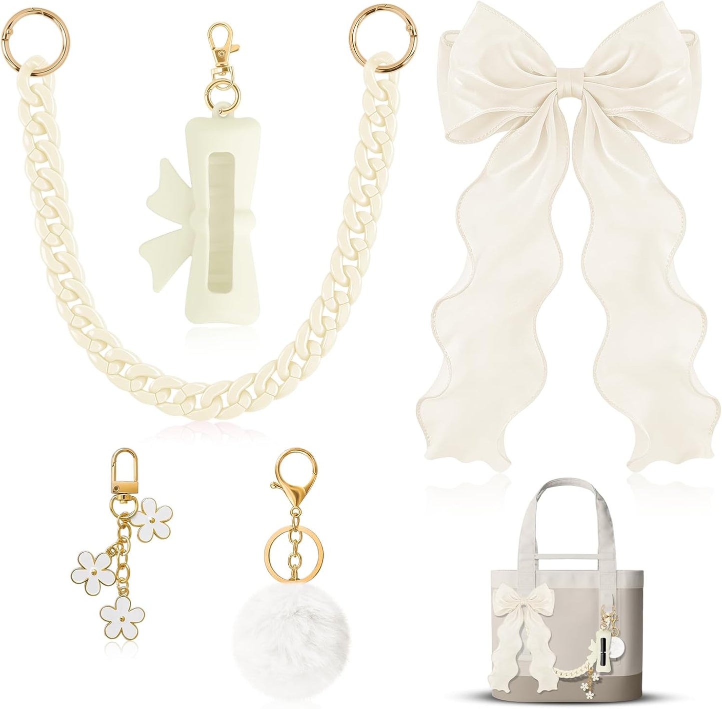 Skiennix Tote Bag Decor Kit - 5PCS Decorative Charms with Bow, Flower Charm & Acrylic Chain for YETI & Bogg Bags