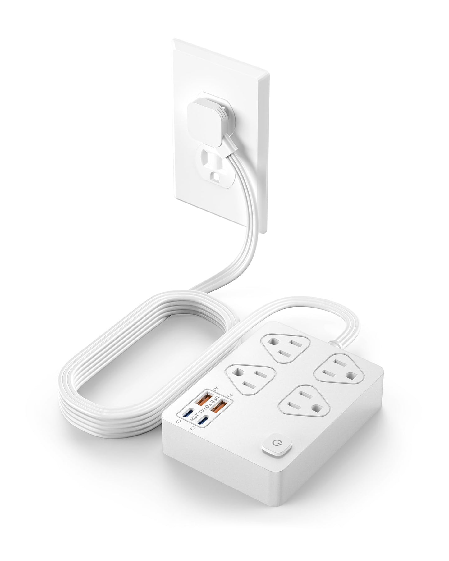 VPSUN Power Strip Surge Protector with 20W USB C Ports,6Ft Flat Plug Extension Cord Wall Mount 4 Outlets Extender,Fast USB Charging Station 1080J (White)