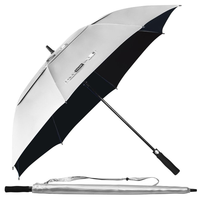 Fulynmen 68/62/54 Inch UPF50+ Sun Umbrella UV Protection UV Umbrellas for Sun Protections Windproof Large Golf Umbrella Auto Open and Vented Double Canopy Umbrellas for Rain (Silver/Black, 62 Inches)