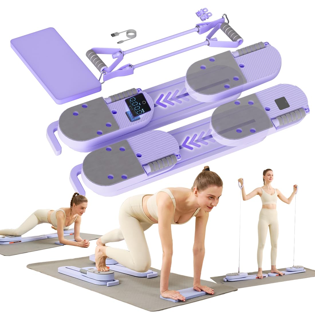 Pilates Reformer Board, Foldable Pilates Machine with Resistance Bands & Rebound System, Full Body Workout Equipment for Women at Home, Core Trainer for Abs, Glutes, Legs and Push-Ups, Timer Display