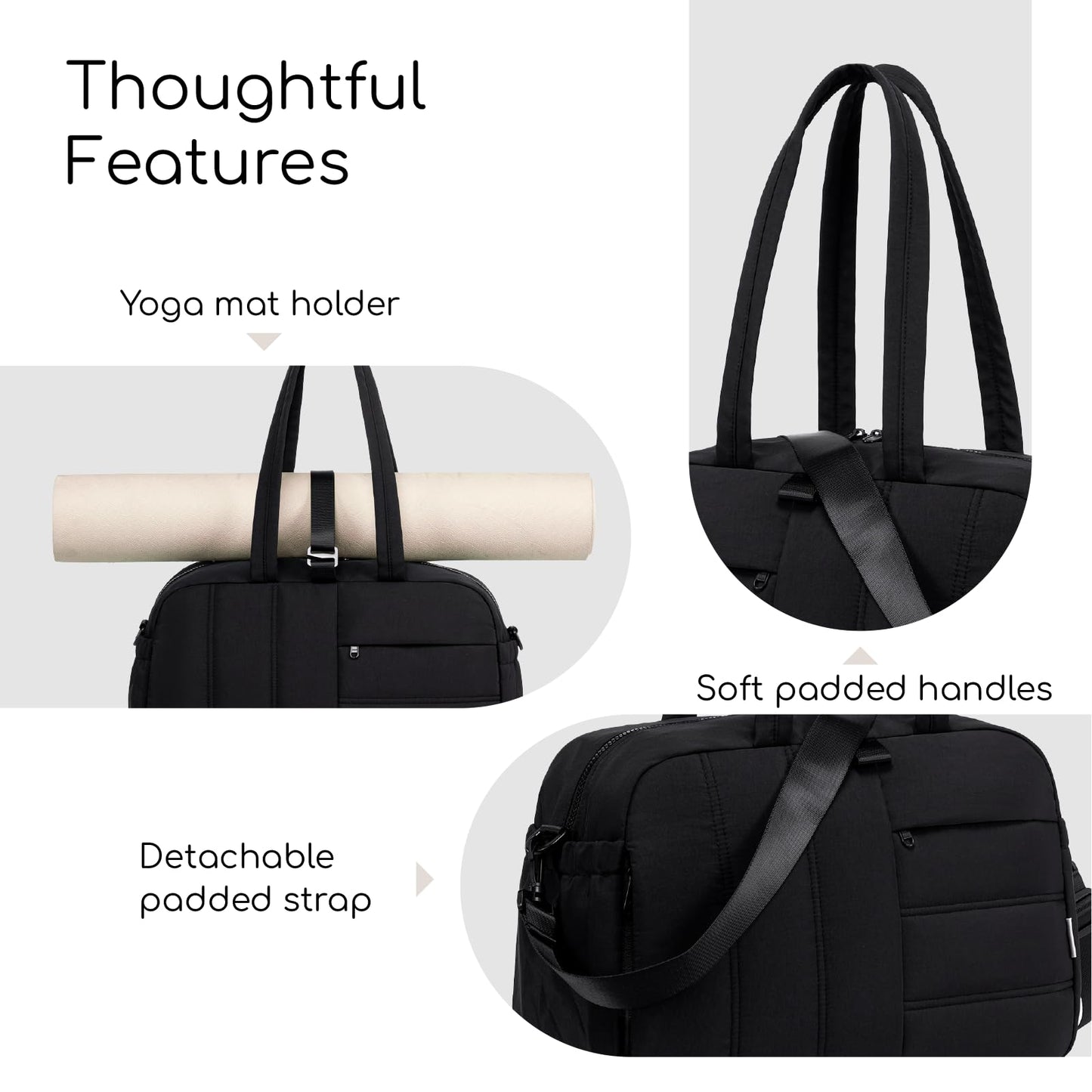CAMTOP Gym Bag for Women with Yoga Mat Holder, Small Duffle Bag 16 Inches Personal Item Travel Bag with Muiti-Pockets Lightweight Carry on Water Resistant, Black