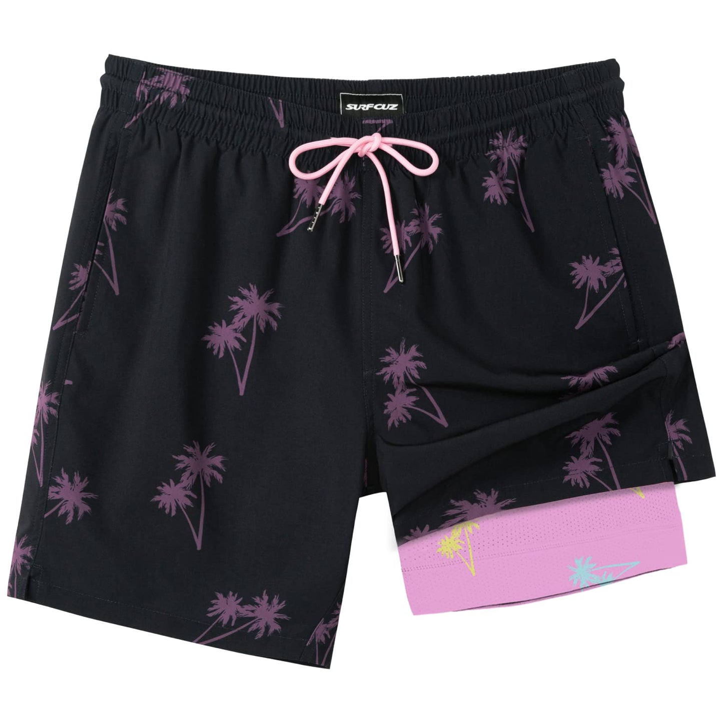 SURF CUZ Mens Swim Trunks with Compression Liner Quick Dry Swim Shorts 7" Swimming Trunks Stretch Zipper Pockets Black Palm Tree X X-Large