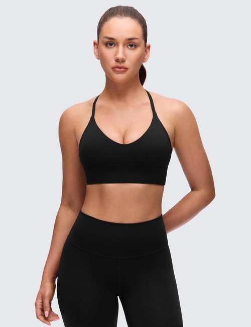 CRZ YOGA Butterluxe V Neck Longline Sports Bra - Padded Spaghetti Straps | Women's Yoga Crop Top