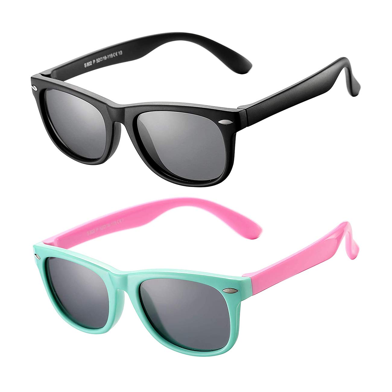 AZorb Kids Polarized Sunglasses TPEE Rubber Flexible Frame for Boys Girls Age 3-8, 100% UV Protection (Black/Grey + Mint Green Hot Pink/Grey)