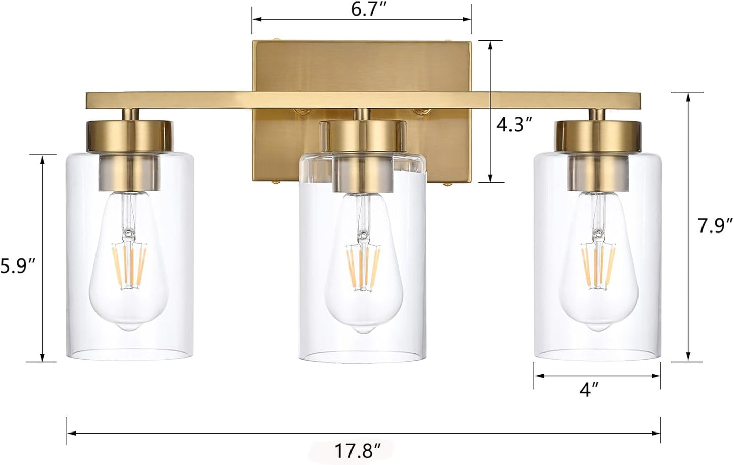 Modern 3-Light Bathroom Vanity Light in Brushed Gold with Clear Glass Shades