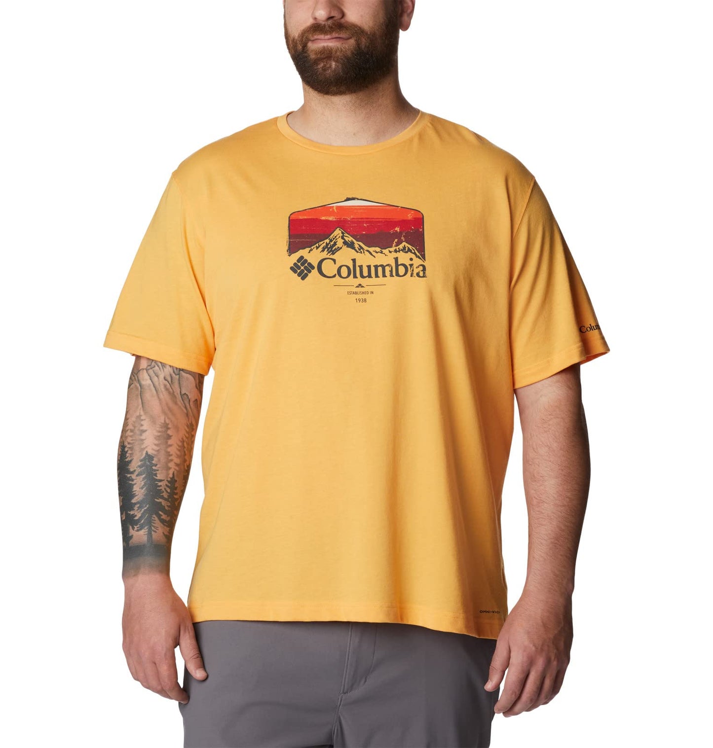 Columbia Men's Thistletown Hills Graphic Short Sleeve, Mango Heather/Hikers Graphic, Medium