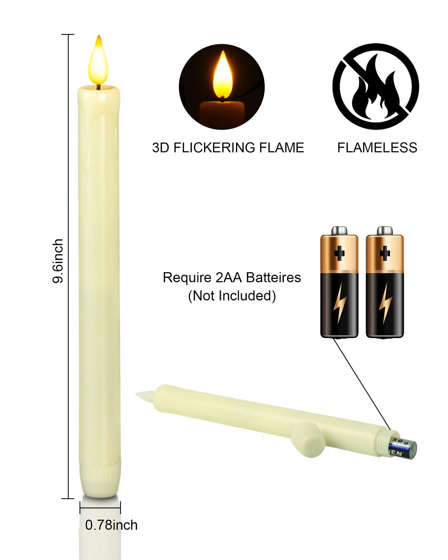 Homemory 6 Pack Flameless Taper Candles, No Remote, Realistic Flickering Battery Operated Candlesticks, Ivory LED Plastic Candle Safe for Weddings, Table Decor, Christmas, and Halloween