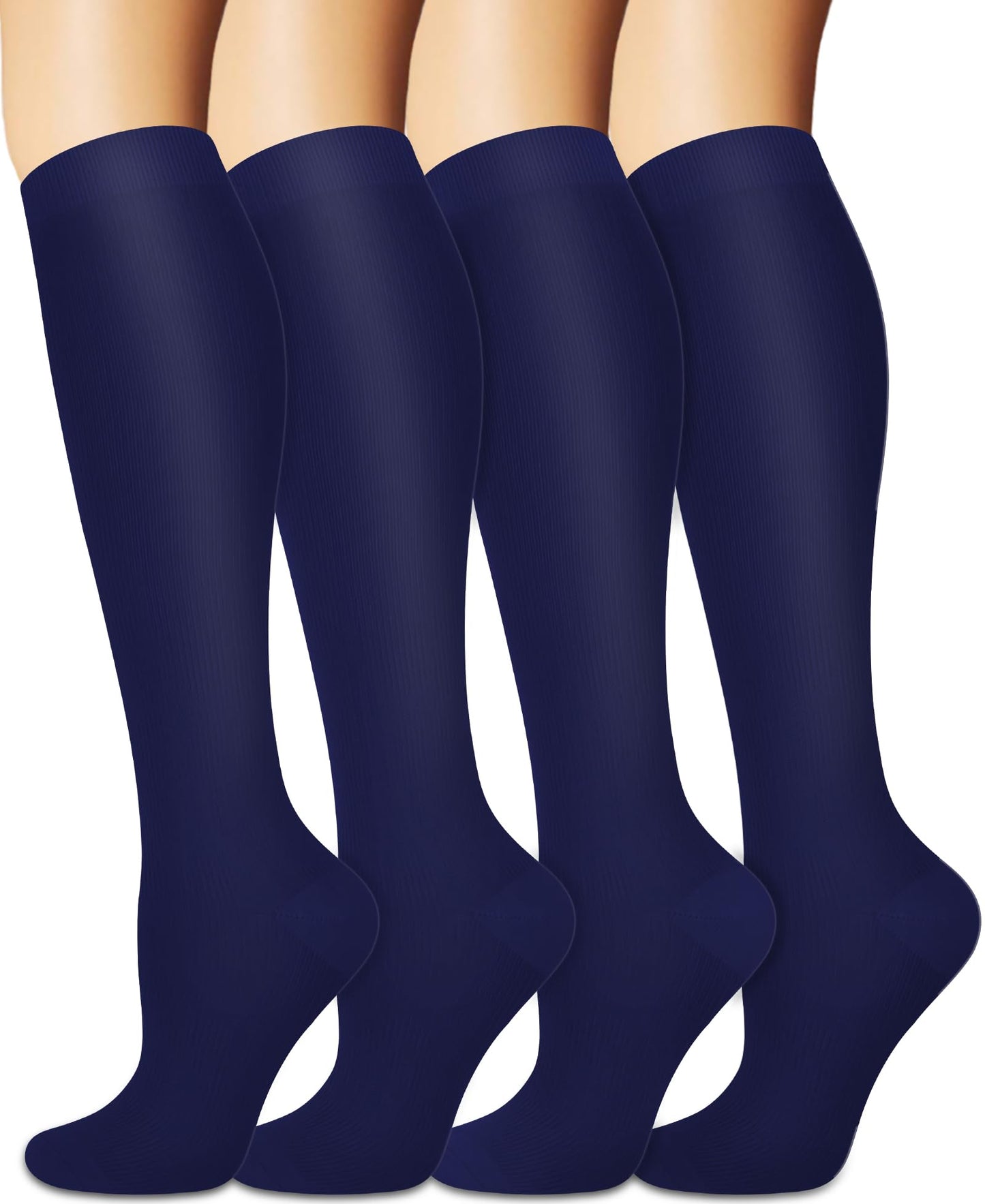 Sooverki Compression Socks for Women and Men Circulation (4 Pairs) is Best Support for Running Athletic Hiking Workout Flight Runner Gifts Navy Blue Plain Knee High Stocking