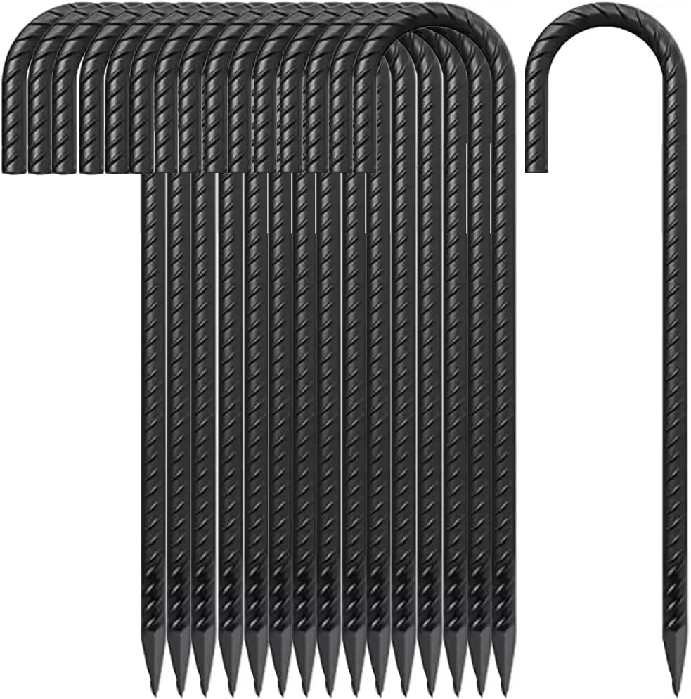 Skiennix 12-Inch Rebar Stakes - Durable J Hook Ground Stakes for Tents & Fences | 16-Pack, Black