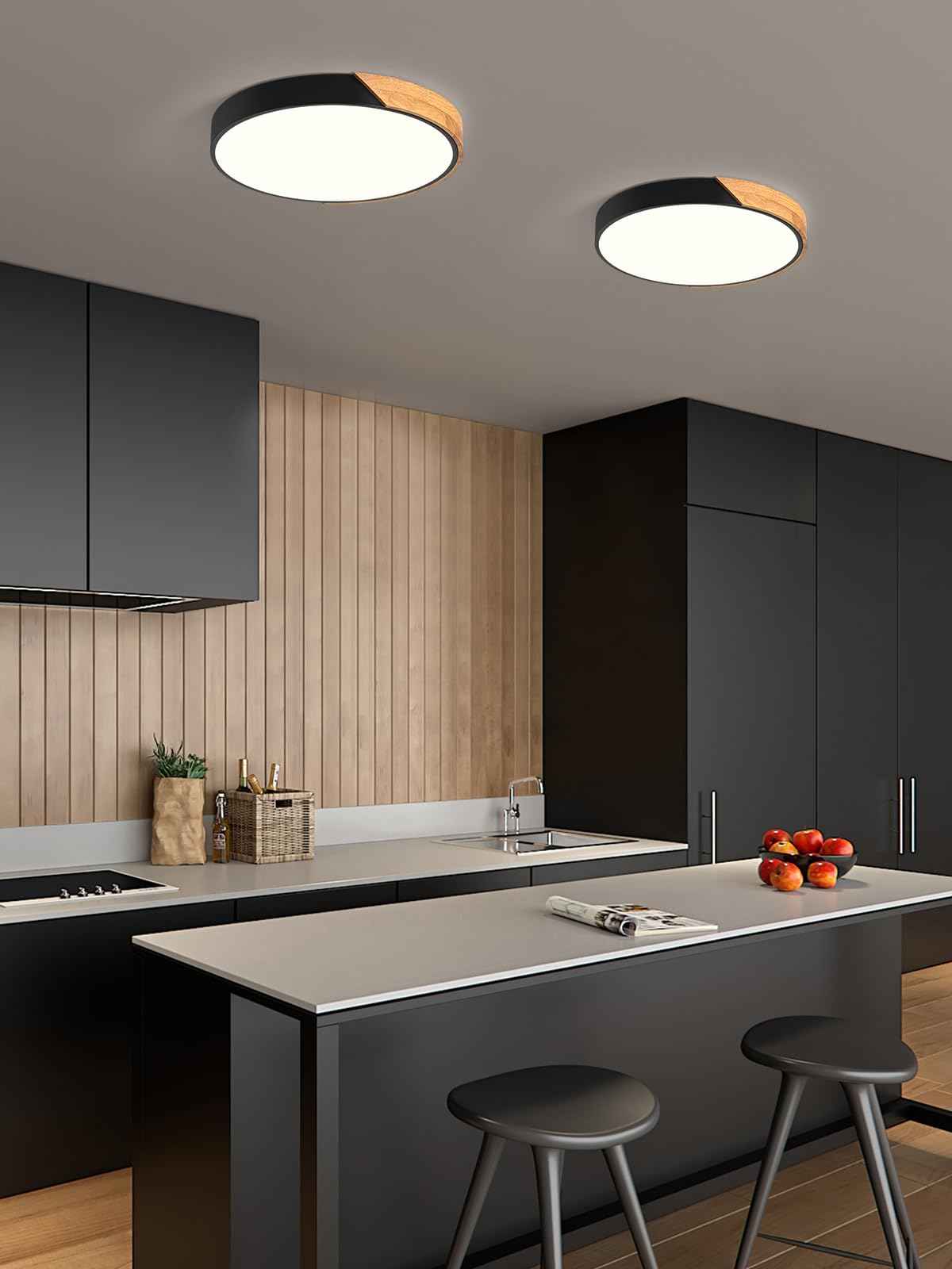 Peblto Modern Dimmable Black LED Ceiling Light, 2700 K - 6000 K 5CCT Wood Flush Mount Ceiling Lighting Fixtures, Minimalist Round Ceiling Lamp for Living Room Bedroom Kitchen Hallway（15.8in）