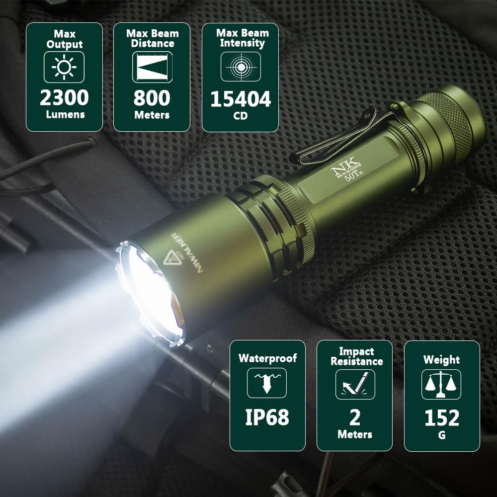 Niwalker N50t V2 Rechargeable LED Flashlights High Lumen, 2,300 Lumens, Long Throw Tactical Flashlight Super Bright, Powerful Flashlight 3 Modes Flash Light for Emergency, Camping, Hiking (Green)
